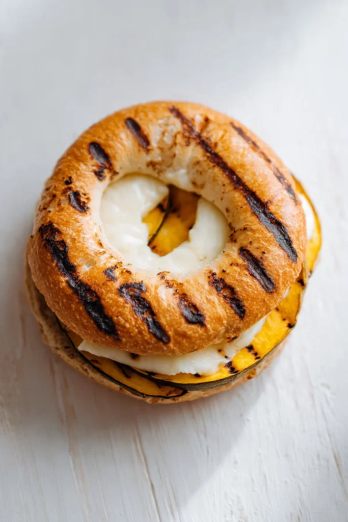 Grilled bagel with Swiss cheese and squash on a wooden plate