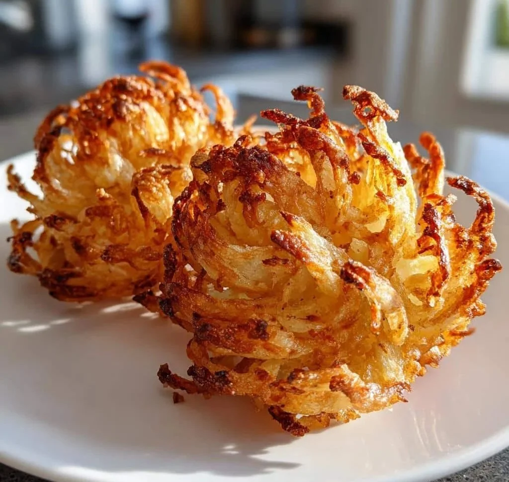 Healthy air fryer blooming onion served with a dipping sauce