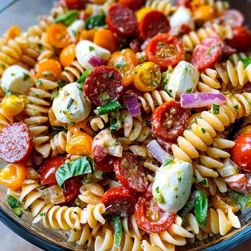 Healthy pasta salad with fresh vegetables and dressing served in a bowl.