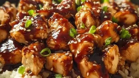Delicious Honey BBQ Chicken served over rice with garnishes