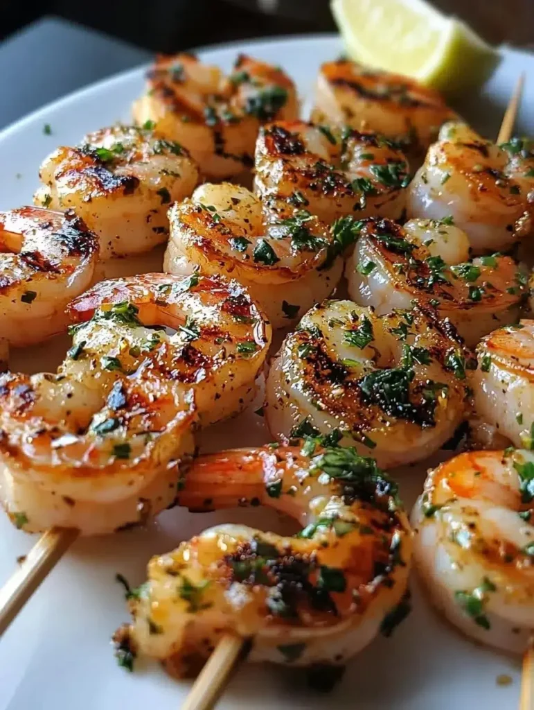 Juicy grilled shrimp skewers drizzled with garlic lemon butter