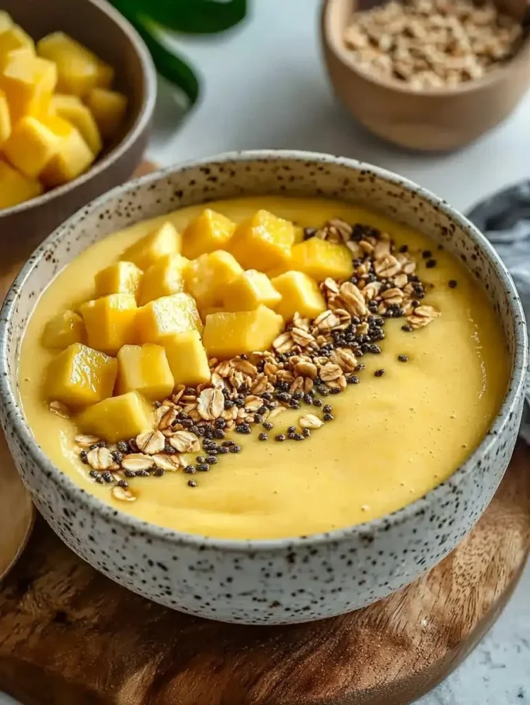 Delicious mango pineapple smoothie bowl topped with fresh fruits and granola.