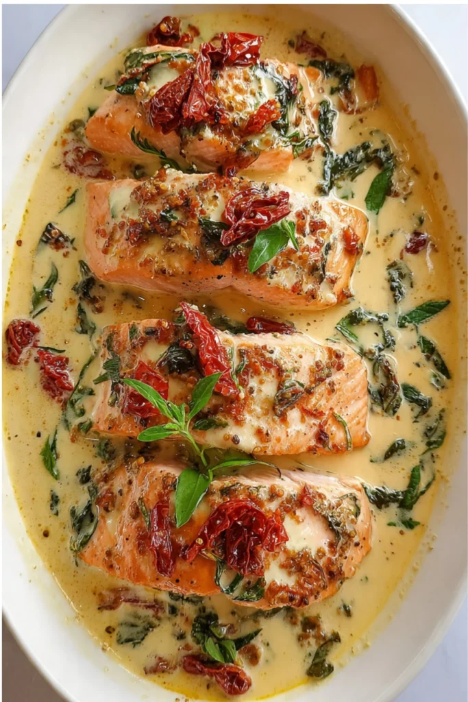 Delicious Marry Me Salmon served on a plate with fresh herbs and lemon.