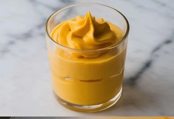 No bake mango mousse dessert topped with fresh mango slices and mint leaves.
