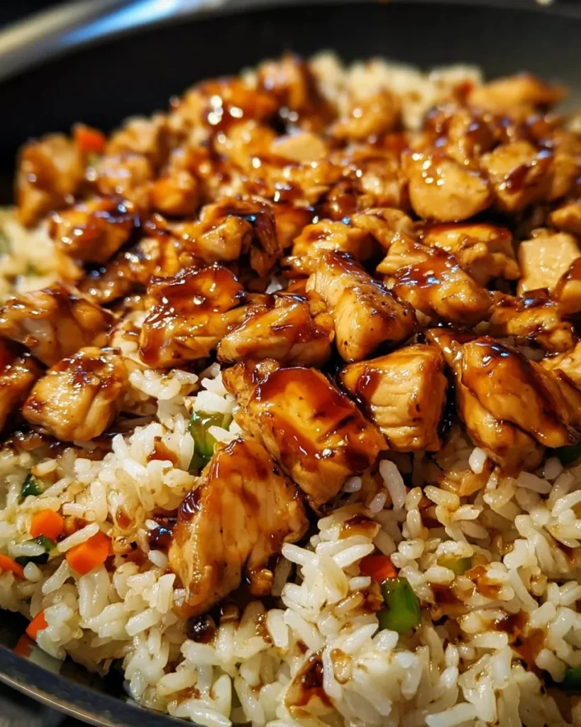 One-pan honey BBQ chicken served over rice with vibrant garnishes.