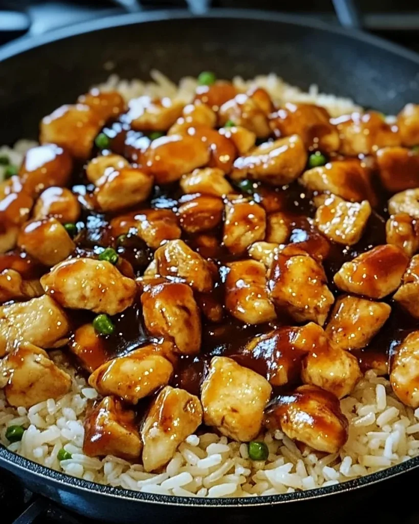 One-Pan Honey BBQ Chicken served over rice, garnished with herbs.