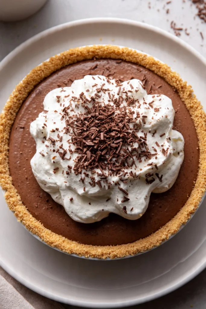 Delicious homemade pudding pie with chocolate topping and whipped cream