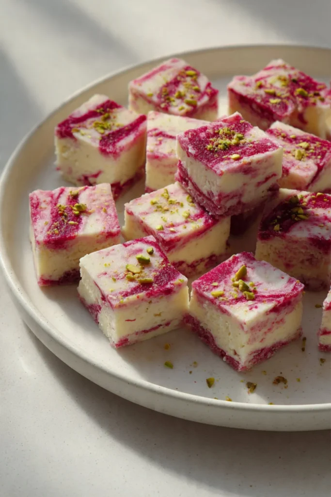 Delicious Raspberry Kalakand dessert showcasing a pink and white treat.