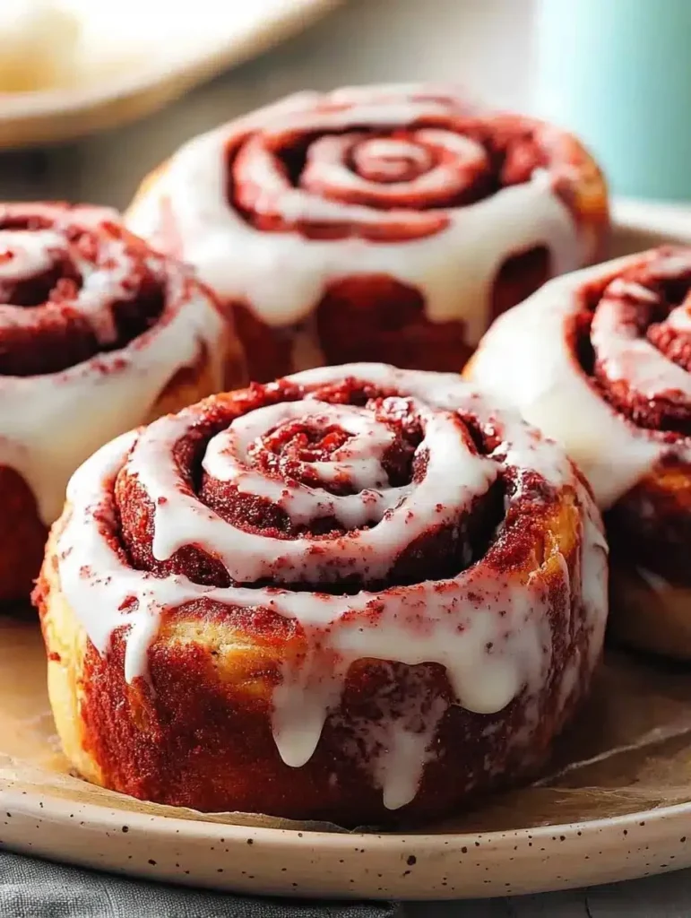 Delicious homemade Red Velvet Cinnamon Rolls topped with cream cheese icing.
