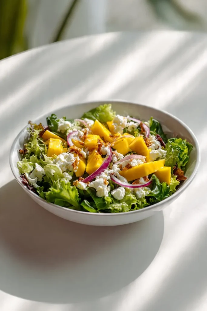 Delicious salad with cheese and mango, showcasing vibrant colors and fresh ingredients.