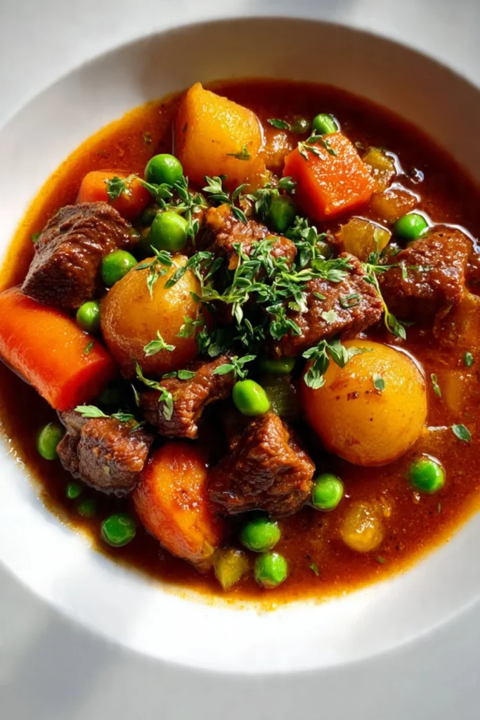 A hearty bowl of slow-cooked beef stew with vegetables and herbs