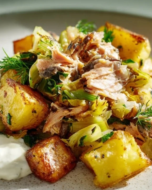 Delicious smoked mackerel and leek hash served on a plate