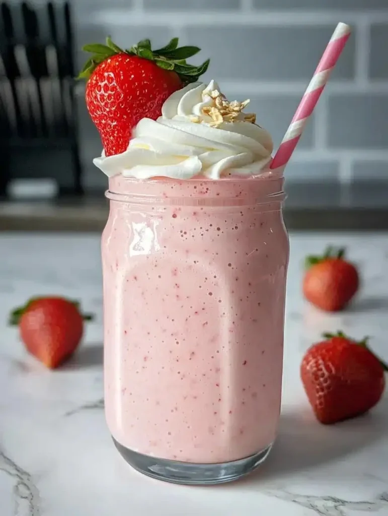 A refreshing strawberry protein shake made with fresh ingredients
