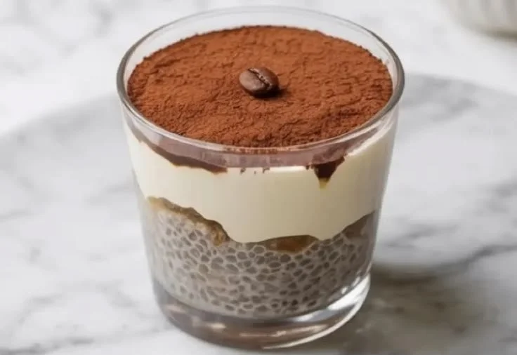 Delicious tiramisu chia pudding served in a stylish glass bowl