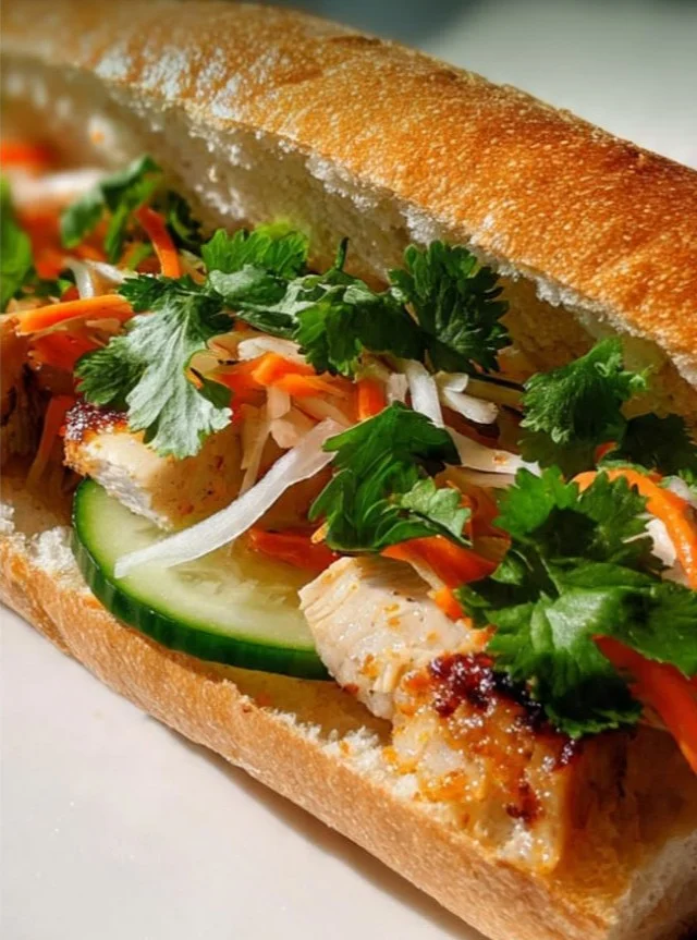 Delicious Vietnamese Chicken Banh Mi sandwich with fresh ingredients and flavors