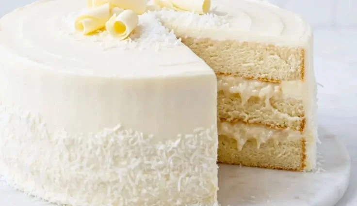 Delicious slice of white coconut cake with coconut flakes on top