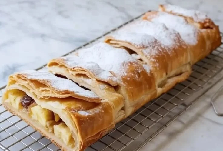 Delicious Banana Strudel with a golden flaky pastry and banana filling