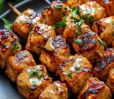 Spicy and delicious Bang Bang Chicken skewers on a grill