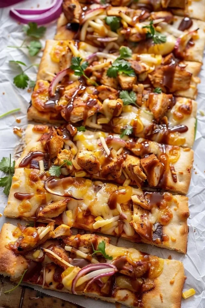 Delicious BBQ chicken flatbread topped with fresh ingredients and barbecue sauce.