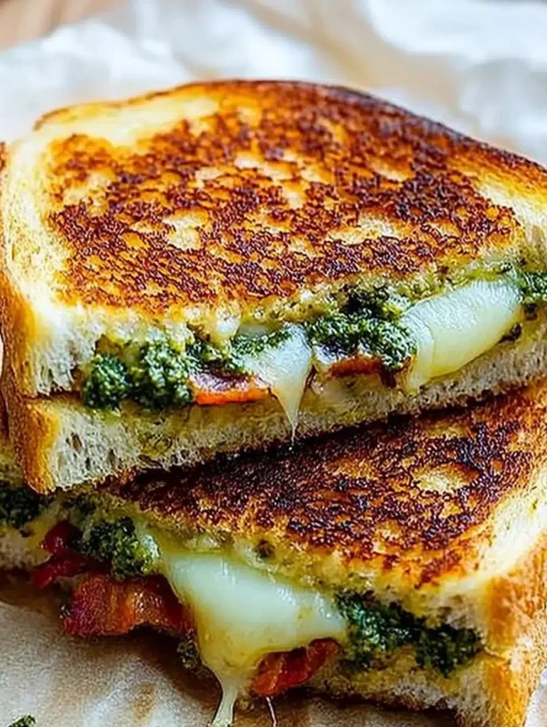 Delicious pesto grilled cheese sandwich with melted cheese