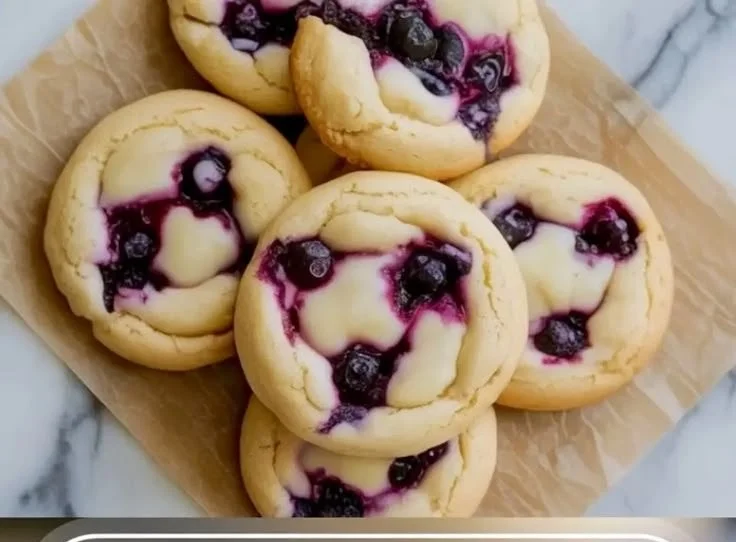 Freshly baked Blueberry Cheesecake Cookies with blueberries and cream cheese frosting.