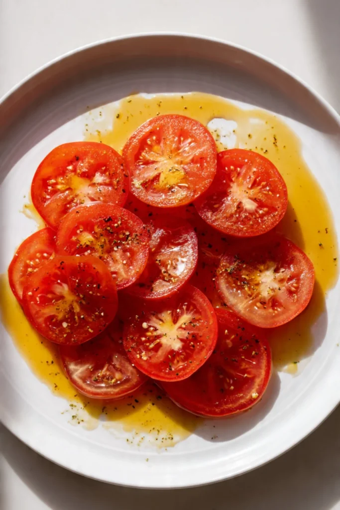 Delicious dish of brown butter tomatoes topped with herbs and spices.