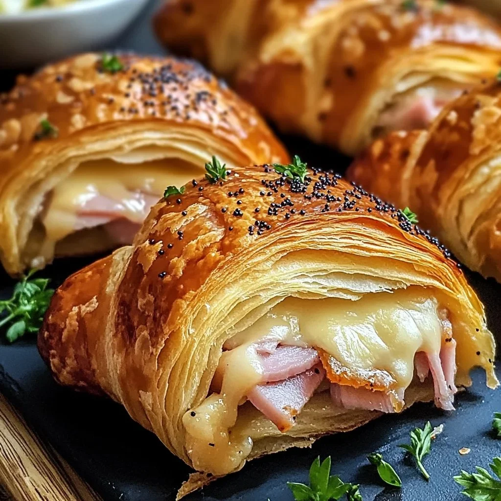 Brunch baked chicken and cheese croissants on a beautiful serving platter