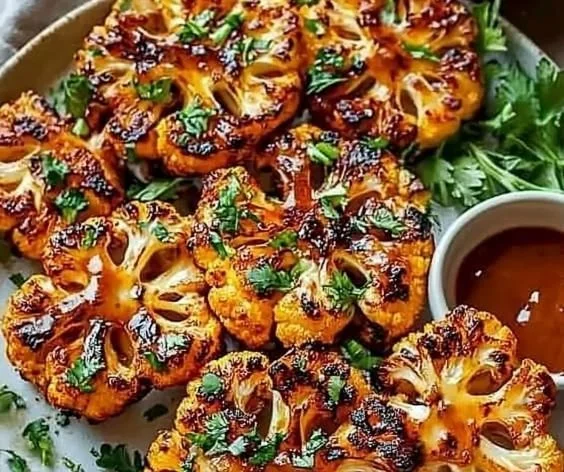 Buffalo Cauliflower Steak garnished with fresh herbs