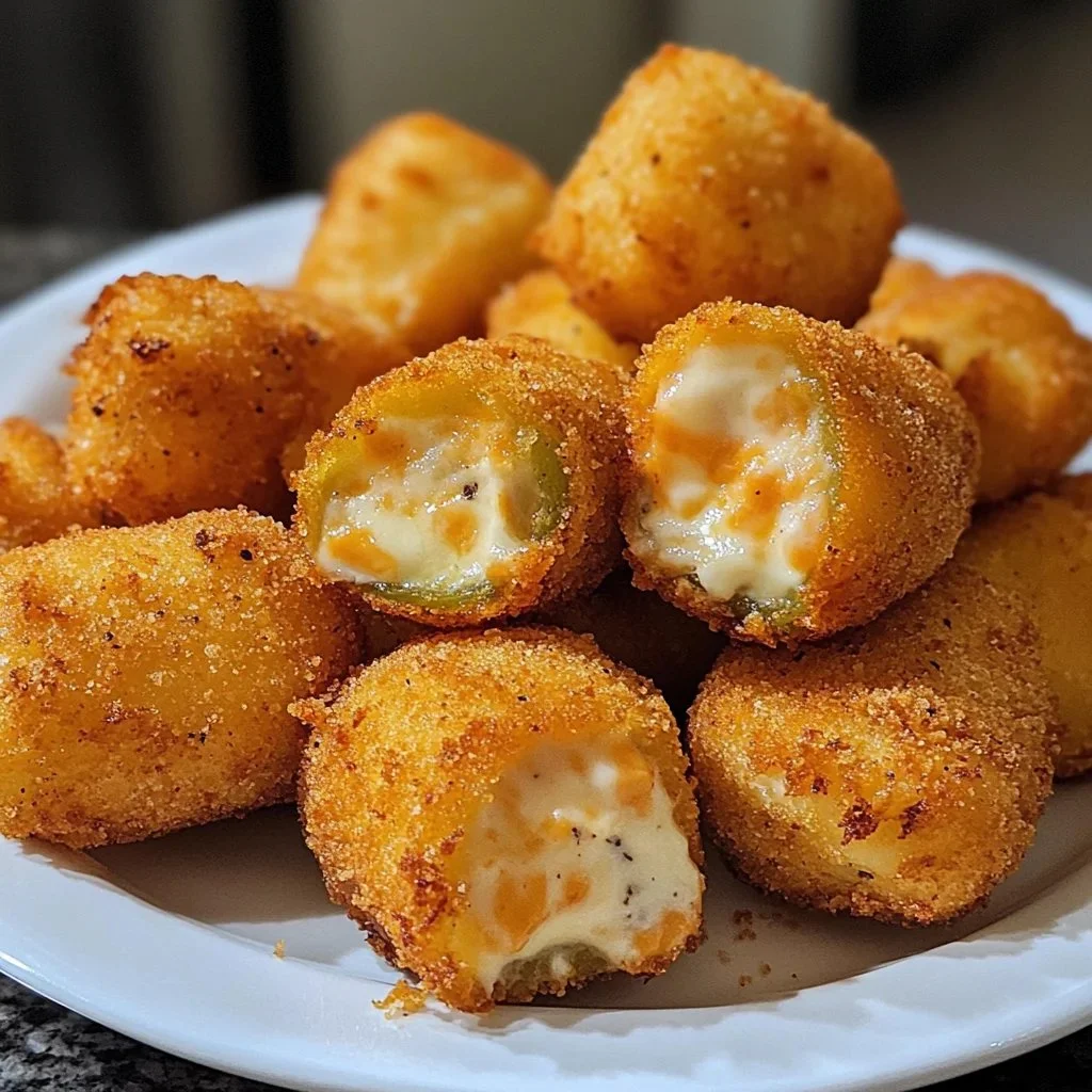 Delicious cheese-stuffed jalapeño poppers served on a platter.