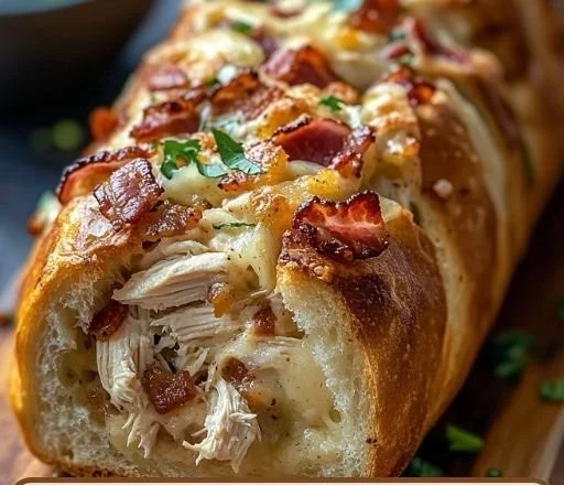 Chicken Bacon Ranch Stuffed Bread fresh out of the oven, ready to serve.