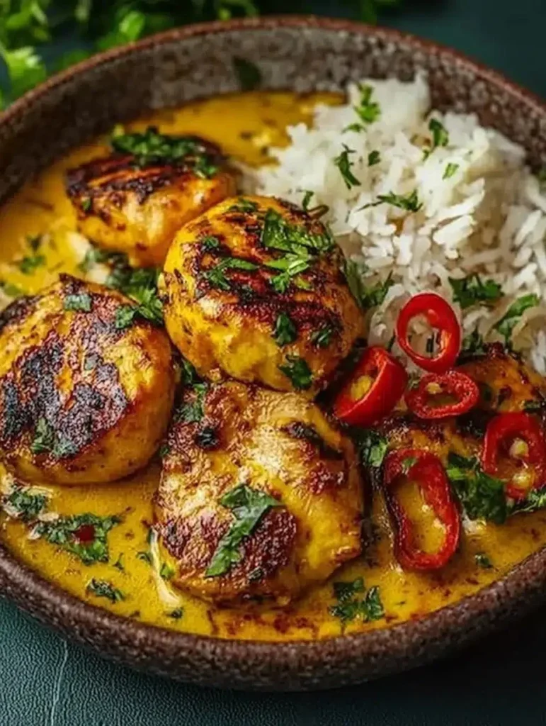 Delicious Churu Yellow Chicken dish served with rice and spices.