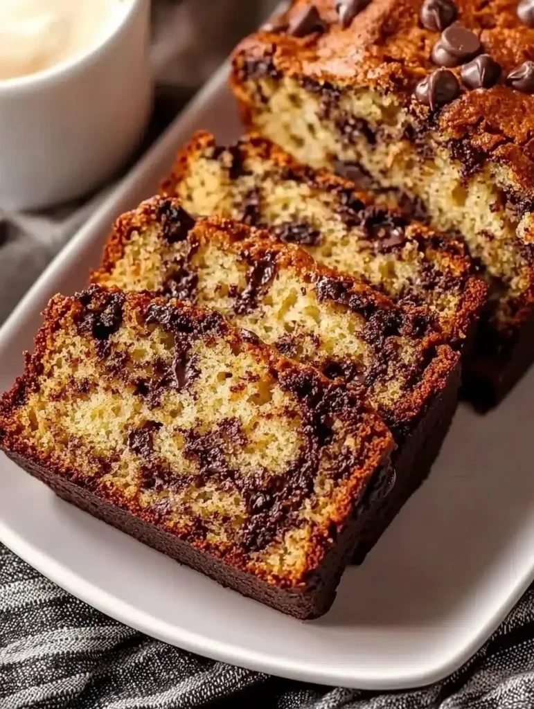 Loaf of classic chocolate chip banana bread on a wooden table