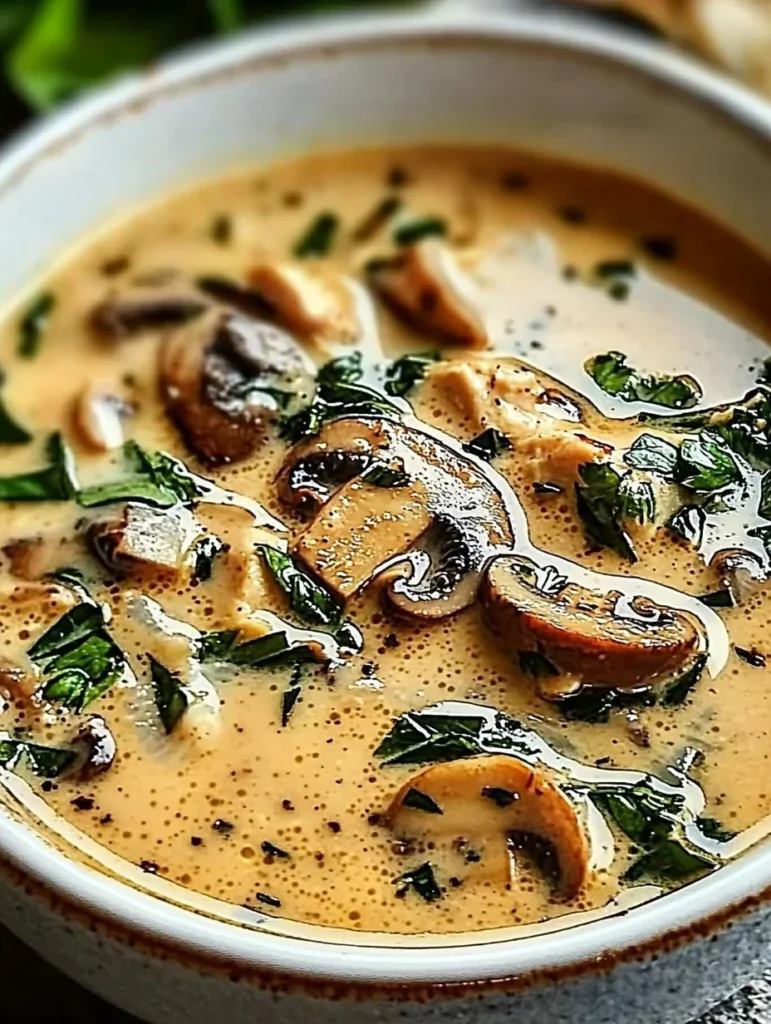 Bowl of Clean Chicken Mushroom Soup with herbs and vegetables