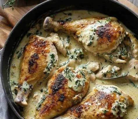 Creamy French Chicken Tarragon served with herbs and sides.