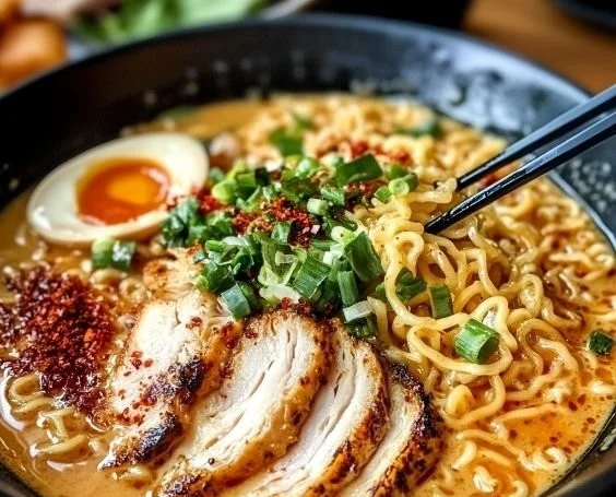 Bowl of creamy garlic chicken ramen garnished with green onions and herbs