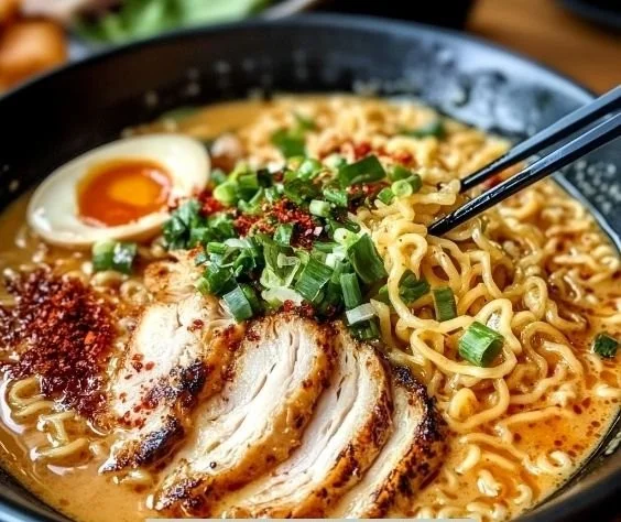 Bowl of creamy garlic chicken ramen with fresh herbs and toppings.