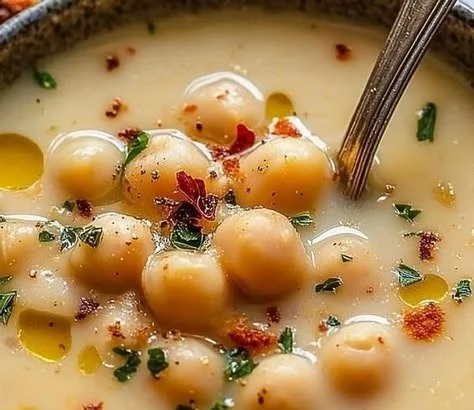 Creamy garlic chickpea soup in a bowl garnished with fresh herbs