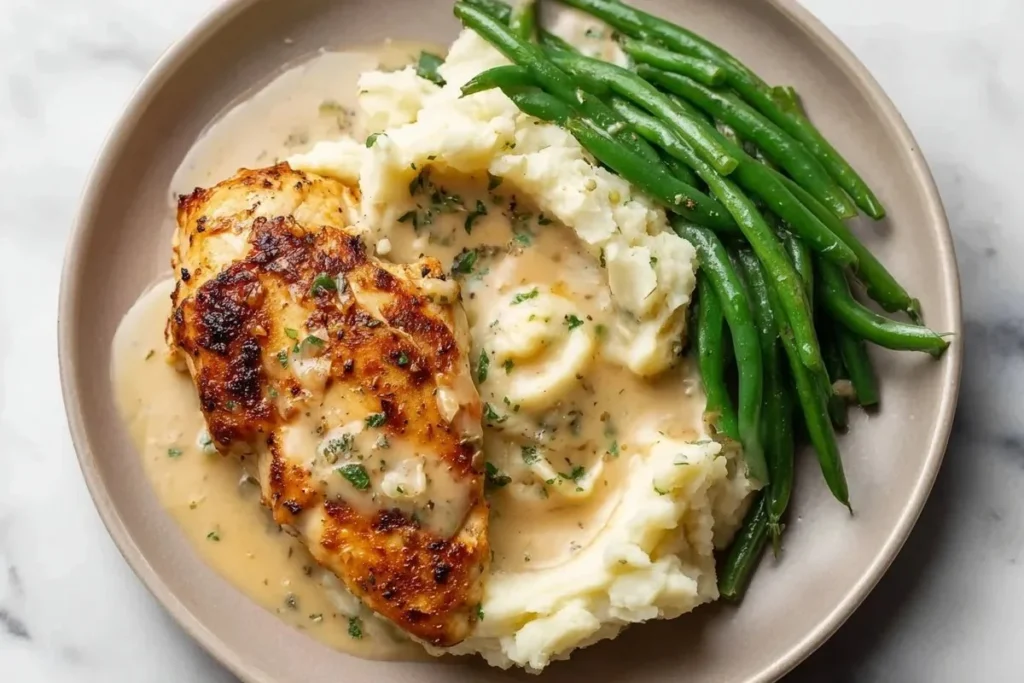 Creamy Garlic Parmesan Chicken Breast served with herbs