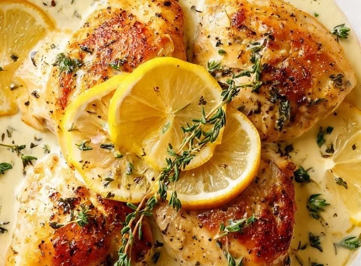 Creamy lemon thyme chicken served on a plate with fresh herbs and lemon slices.