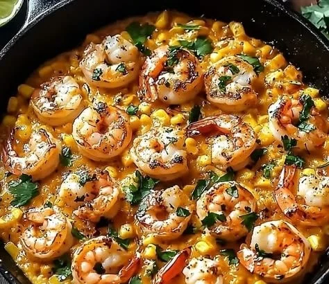 Creamy shrimp and corn skillet dish served in a pan with fresh ingredients