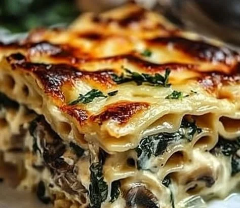 Creamy spinach mushroom lasagna served on a plate with fresh basil