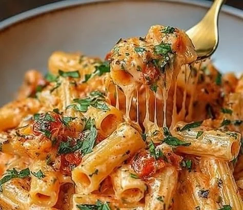 Creamy tomato garlic pasta with fresh herbs and grated cheese