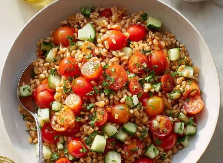Crispy farro and tomato salad garnished with fresh herbs and colorful veggies
