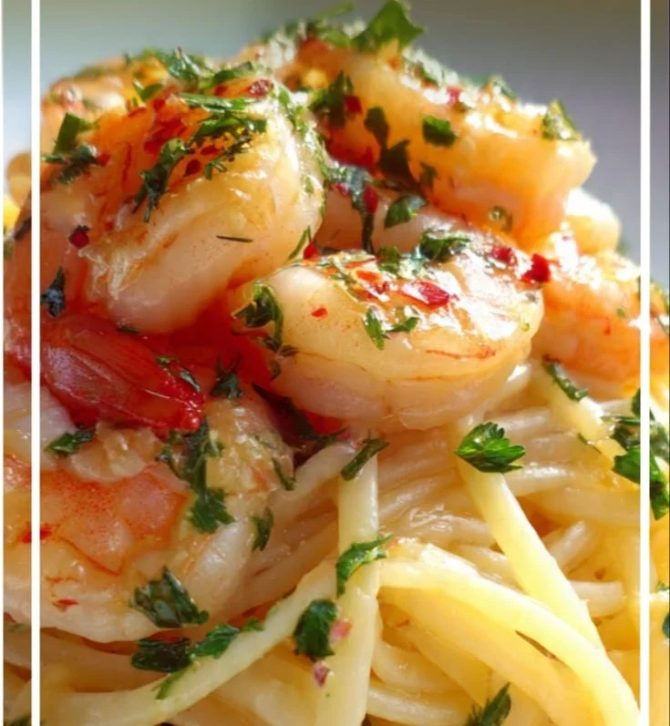 Dairy-free shrimp scampi served with pasta and garnished with parsley.