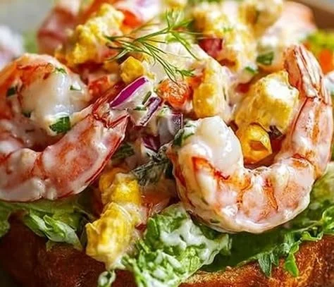 Deli shrimp salad with fresh ingredients and vibrant colors