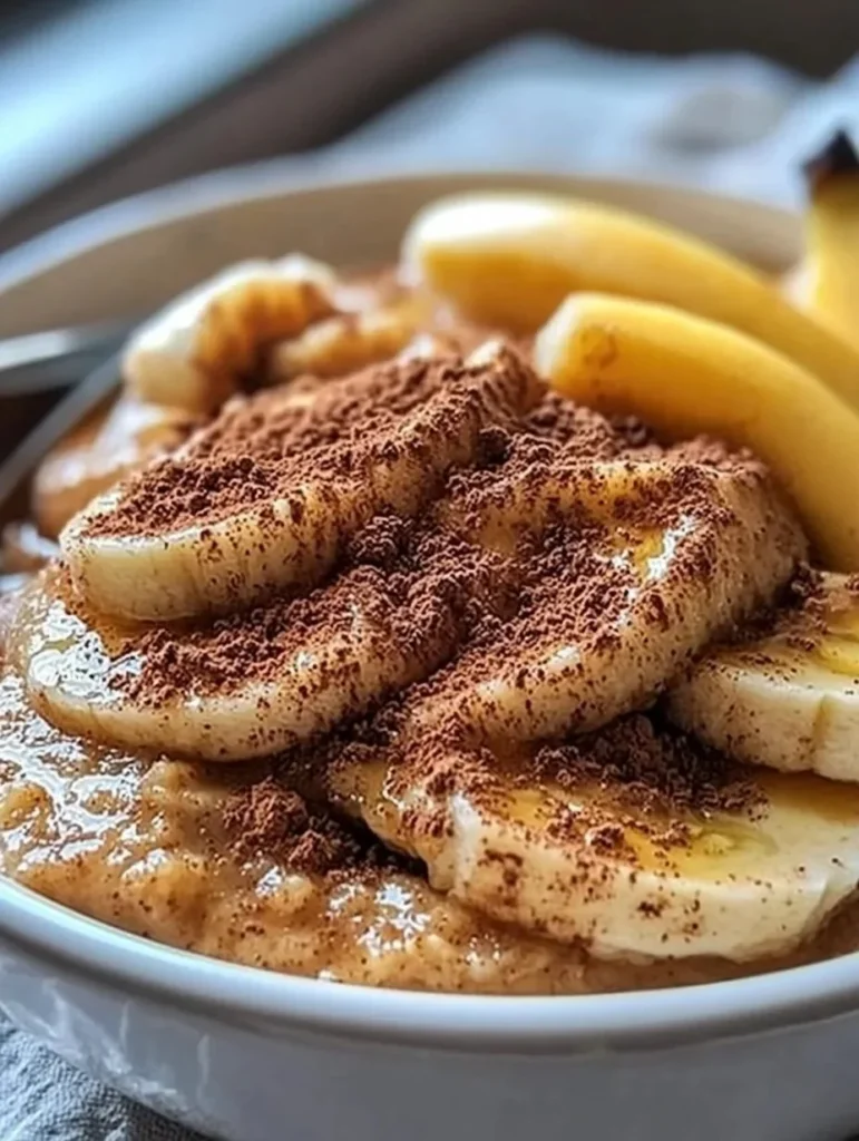 Baked cinnamon banana breakfast in a bowl, delicious and easy recipe.