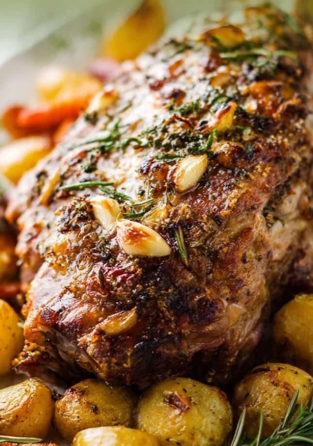 A delicious and perfectly cooked easy lamb roast on a serving platter