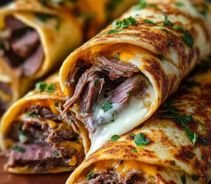 French Dip Tortilla Roll Ups served on a platter with dipping sauce