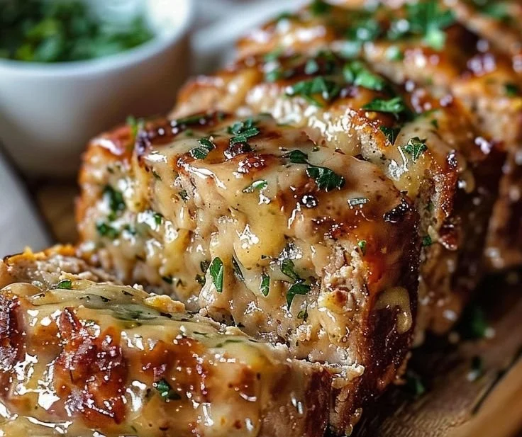 Garlic Parmesan Chicken Meatloaf served with herbs and side vegetables