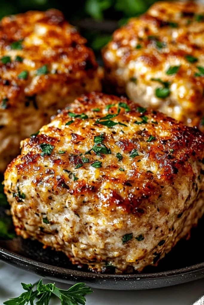 Delicious Garlic Parmesan Chicken Meatloaves served with a side of vegetables.